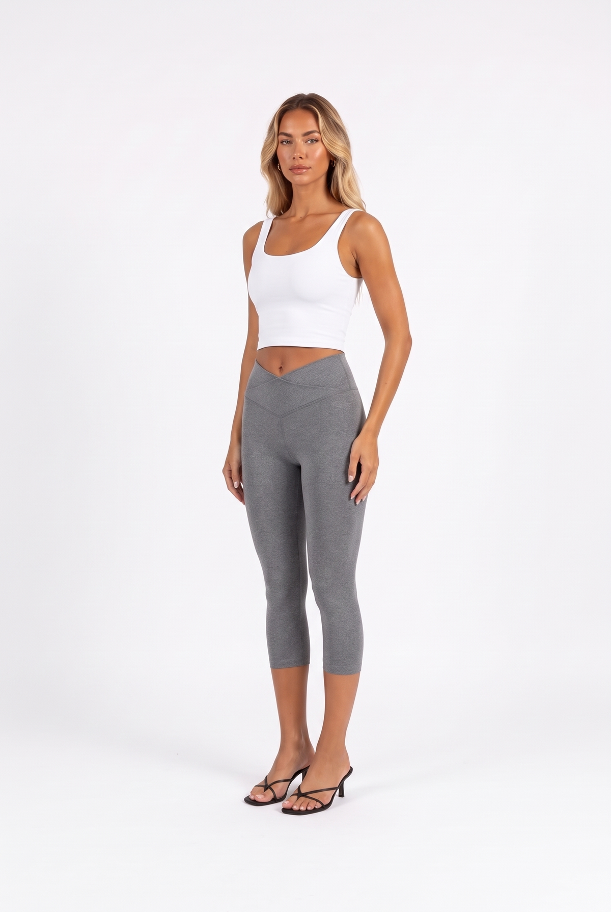 Heather grey crossover high-waist capri leggings — three-quarter